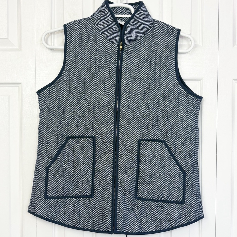 Katydid Navy Blue & White Herringbone Print Cotton Full Zip Vest Large